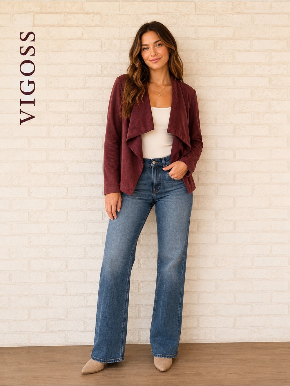Vigoss Faux Suede Draped Open Front Blazer Maroon Womens Size S Office Preppy